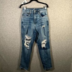 Arizona Jeans Co Mom Jeans Womens 9 Blue Denim Distressed High Rise Straight Leg